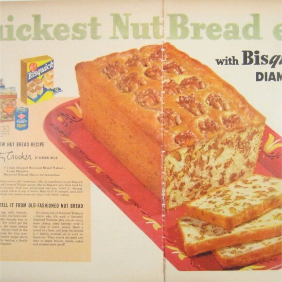 Vintage 1950s Bisquick Diamond Walnuts Recipe Ad Print 2 Page Betty Crocker MOD - Picture 2 of 2
